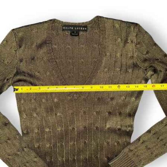 SOLDRalph Lauren Black Label 100% Silk Cable Knit V Neck Sweater, Military Green - Picture 11 of 14